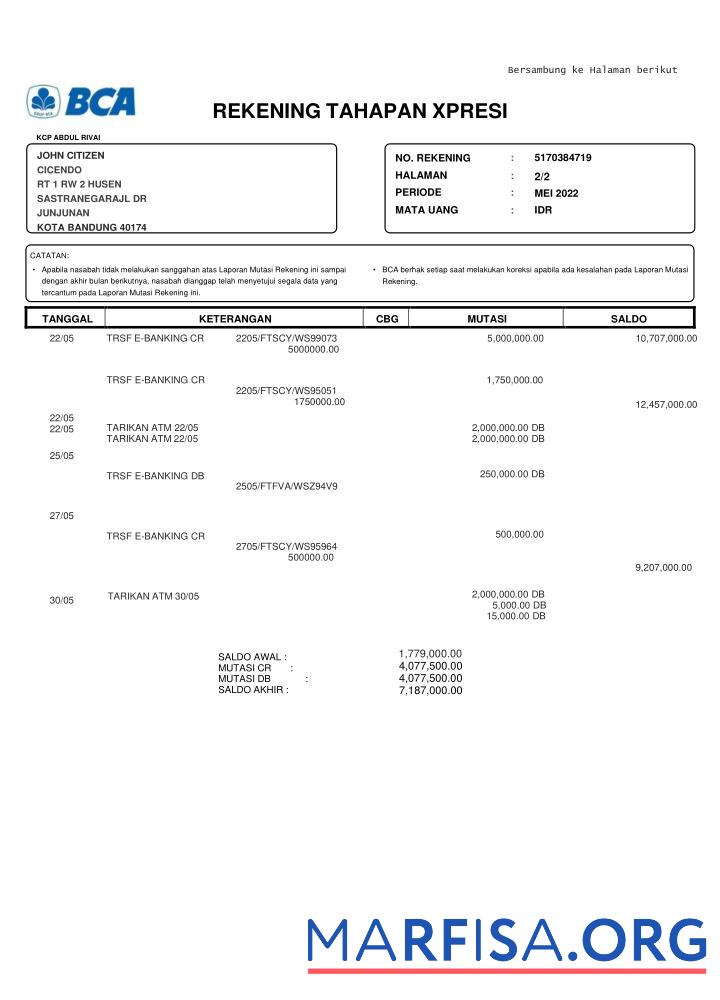 Printable Indonesia BCA bank statement word example